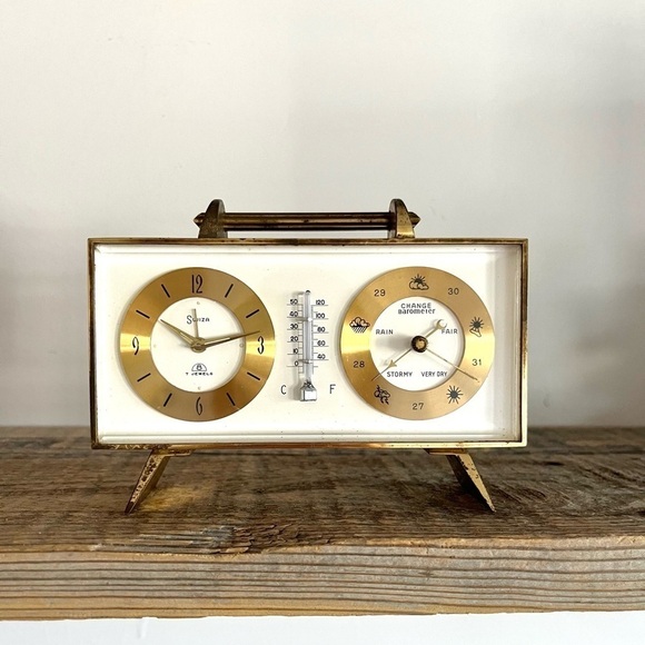 VTG Swiza brass alarm clock and barometer - Picture 1 of 8